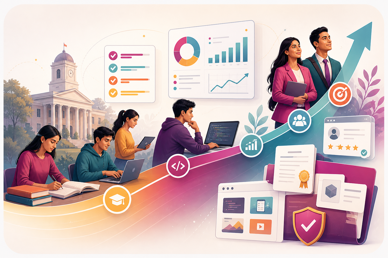 Illustration showing students moving from campus learning through practice and analytics into career readiness.